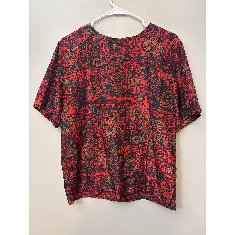 Valerie Stevens 100% Silk Short Sleeve Floral Top Red Black Brown women's Size 6